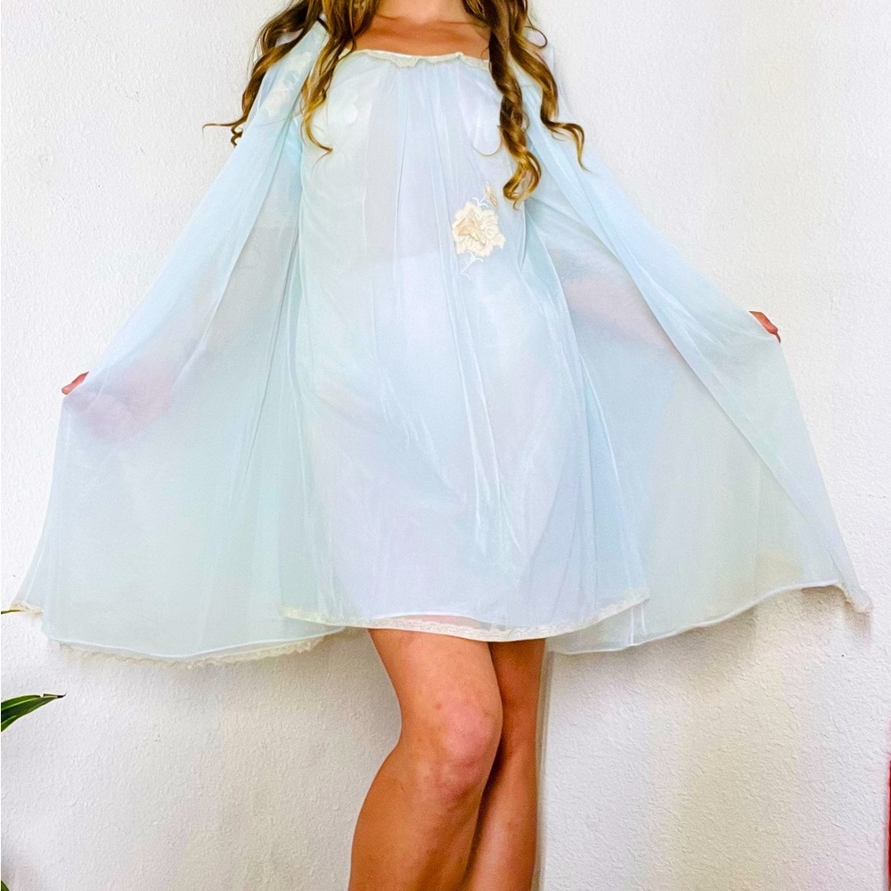 Vintage Vanity Fair baby blue sheer peignoir set.